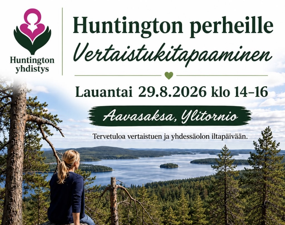 Kaunis vaaramaisema ja tekstinä tietoa vertaistukitapaamisesta.